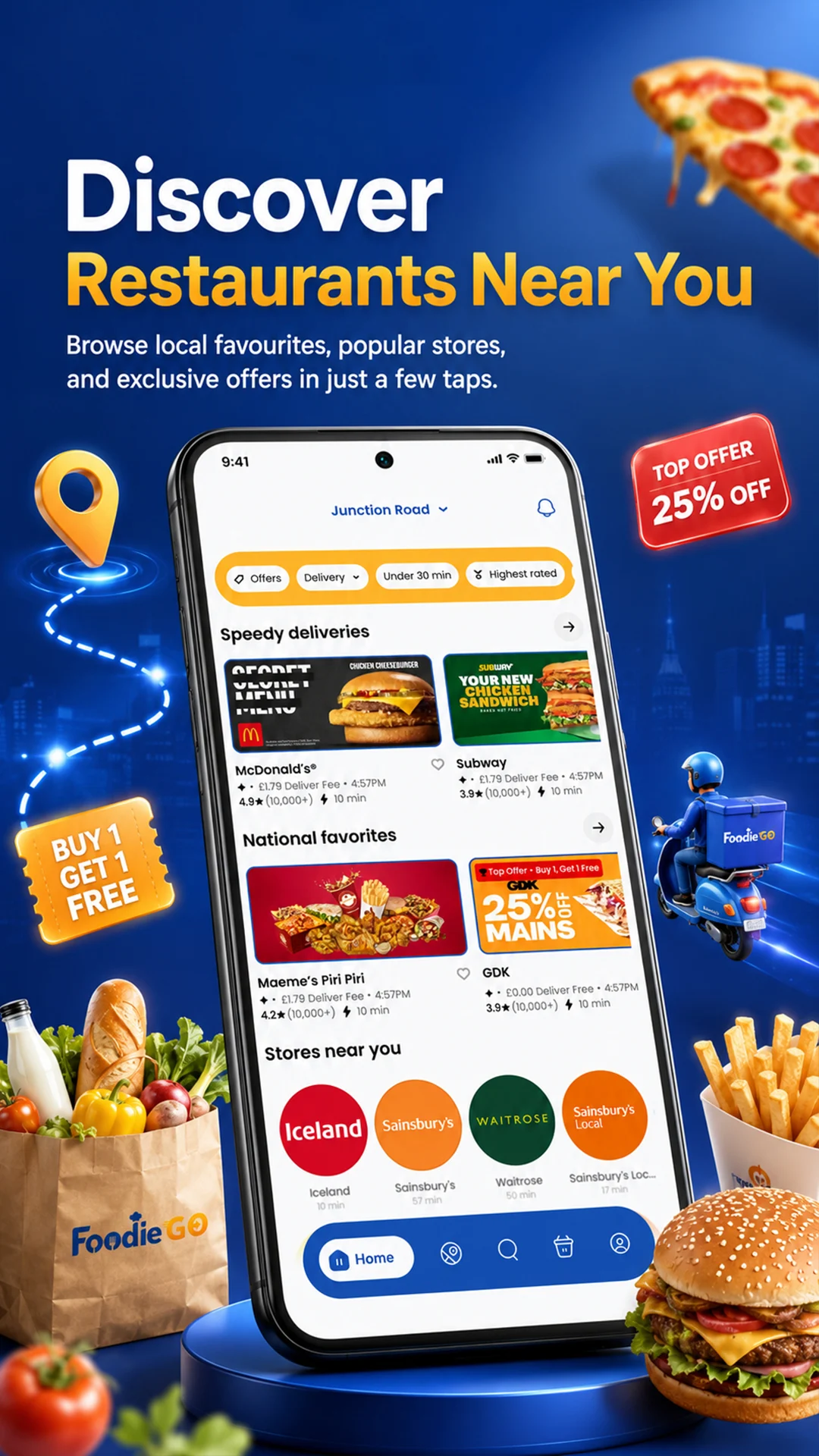FoodieGo mobile app showing local restaurants and delivery options